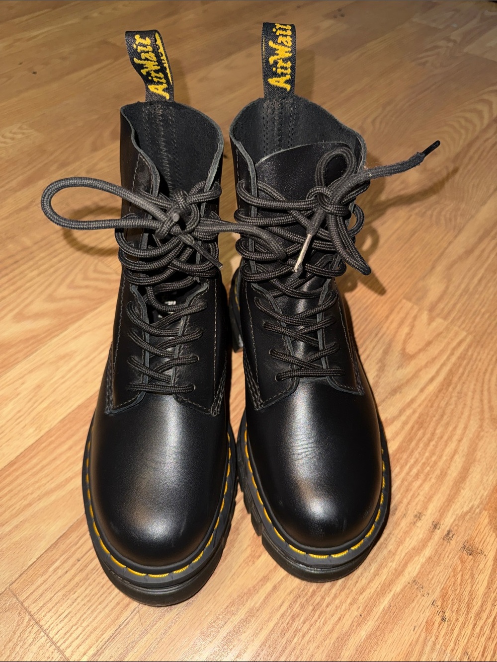 Dr. Martens Black Leather Lace-Up Boots with Yellow Stitching